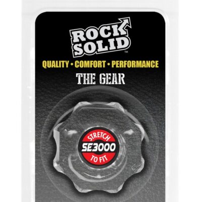 Rock Solid Gear cock ring in black and clear on a neutral background