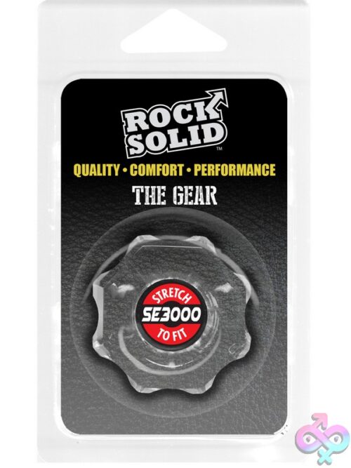 Rock Solid Gear Cock Ring In Black And Clear On A Neutral Background