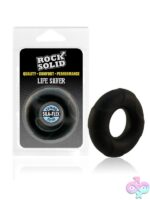 Rock Solid Lifesaver glow-in-the-dark silicone cock ring in black and translucent blue on a neutral background