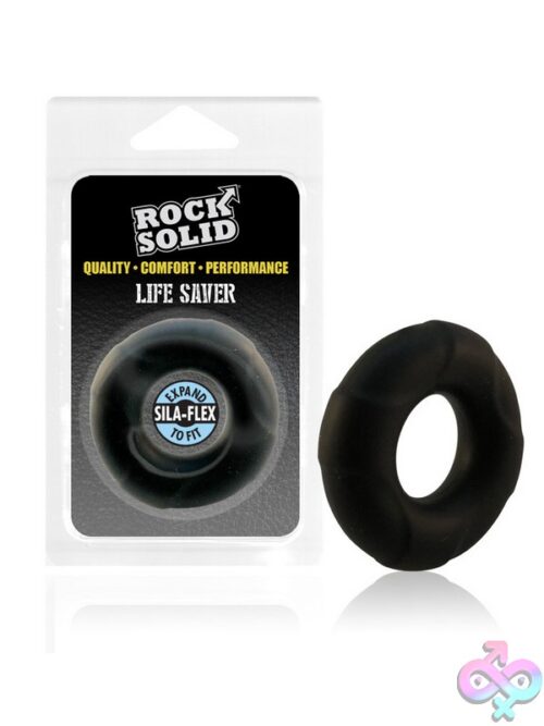 Rock Solid Lifesaver Glow-In-The-Dark Silicone Cock Ring In Black And Translucent Blue On A Neutral Background