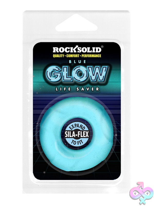 Discreet-Toys-Rock-Solid-Lifesaver-Blue-Nu-Dj3700-32Cd Rock Solid Lifesaver Glow-In-The-Dark Silicone Cock Ring In Black And Translucent Blue On A Neutral Background