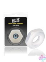 Translucent bolt-shaped silicone cock ring by Rock Solid against a clean white background