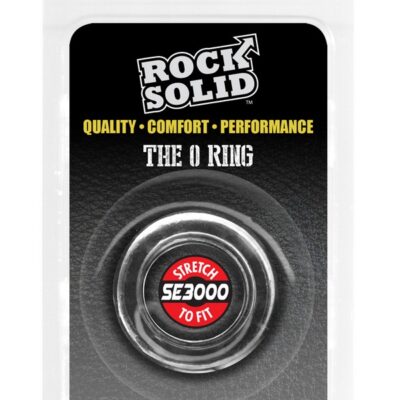 Rock Solid O Ring phthalate-free cock ring in black and white on neutral background