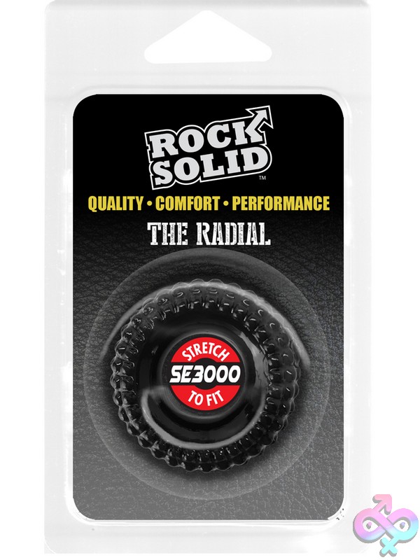Discreet-Toys-Rock-Solid-Radial-Black-Nu-Dj3700-16Cd Rock Solid Radial Textured Cock Ring In Black And Clear On Neutral Background
