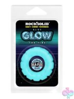 Rock Solid Tire silicone cock ring in blue and green on neutral background