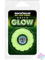 Rock Solid Tire silicone cock ring in blue and green on neutral background