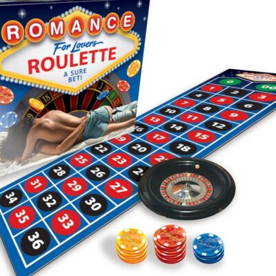 Blue Romance Roulette couples activity game with roulette wheel and 100 chips by Little Genie