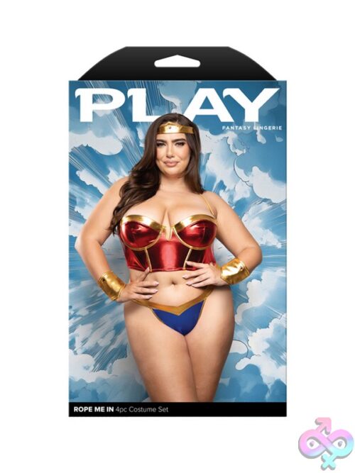 Red Metallic Superhero Costume Lingerie Set With Bustier Rope Halter Wrist Cuffs And Headband