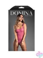 Pink sheer mesh one-shoulder rope teddy with open back and matching rope cuffs