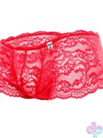 Red rose embroidered lace mini boy shorts for men by Male Basics
