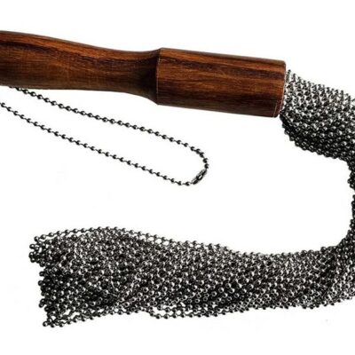 Rouge Beaded Metal Flogger with polished wooden handle and cascading silver chains by Rouge Garments
