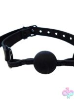 All-black adjustable leather ball gag with black metal hardware by Rouge Garments