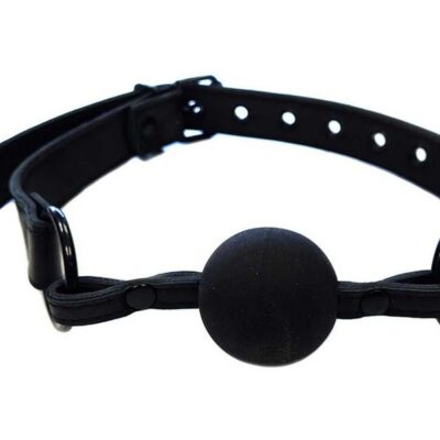 All-black adjustable leather ball gag with black metal hardware by Rouge Garments