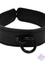 All-black leather bondage collar with black metal O-ring hardware by Rouge Garments