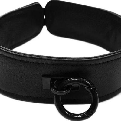 All-black leather bondage collar with black metal O-ring hardware by Rouge Garments