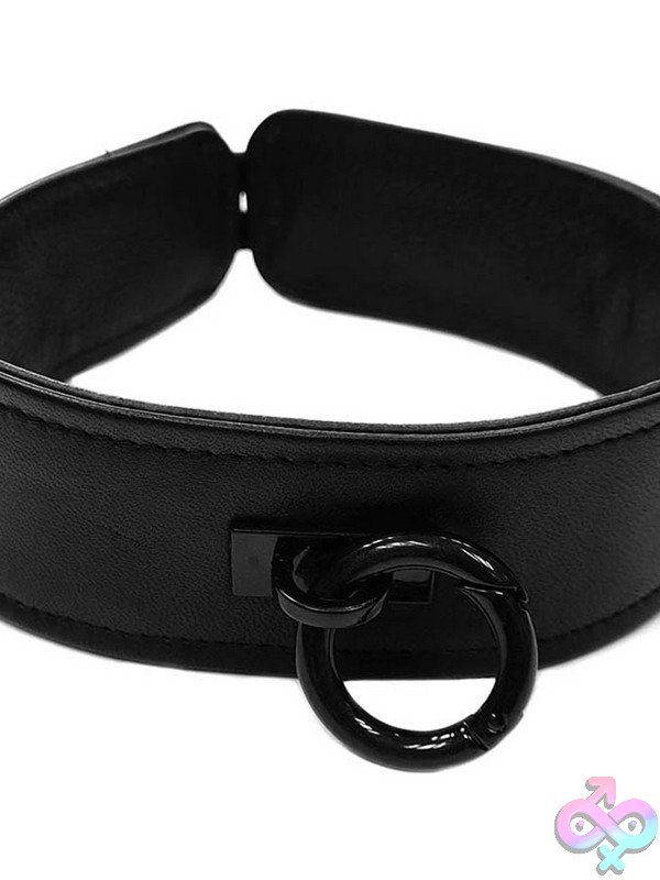 Discreet-Toys-Rouge-Leather-Black-Collar-With-Black-Hardware-Nu-Rhc1049-Bkbk All-Black Leather Bondage Collar With Black Metal O-Ring Hardware By Rouge Garments
