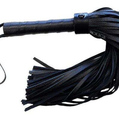 Black leather flogger with black metal hardware by Rouge Garments