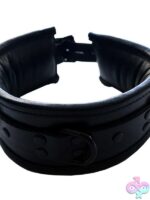Padded black leather collar with lockable buckle and D-rings by Rouge Garments