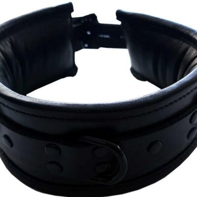 Padded black leather collar with lockable buckle and D-rings by Rouge Garments