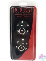 Black leather studded nipple covers with silver centre ring by Rouge Garments