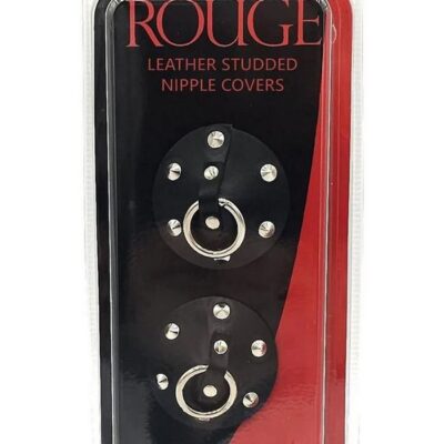 Black leather studded nipple covers with silver centre ring by Rouge Garments