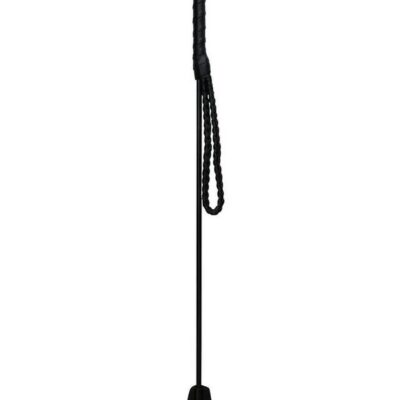 Rouge PVC riding crop in black and red on a dark surface showing wrist loop and flexible shaft