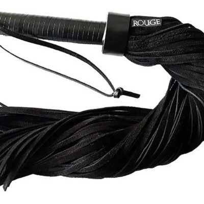 Long black suede flogger with textured leather handle by Rouge Garments