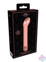 Rose gold rechargeable ABS bullet vibrator with curved tip by Shots Toys