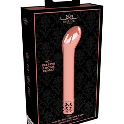 Rose gold rechargeable ABS bullet vibrator with curved tip by Shots Toys