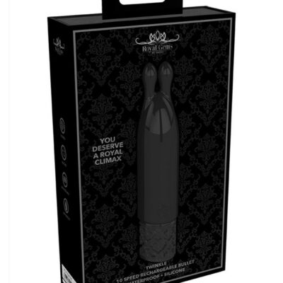 Royal Gems Twinkle rechargeable black silicone bullet vibrator by Shots Toys