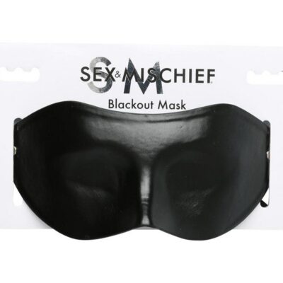 Black faux leather blackout blindfold mask with satin ribbon ties by Sportsheets