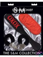 S&M Sweet Punishment Kit with red satin blindfold, XOXO paddle, and black furry handcuffs by Sportsheets
