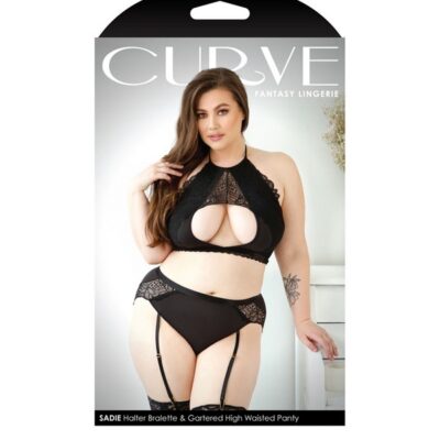 Black halter bralette and gartered high-waist panty set laid flat on a neutral background