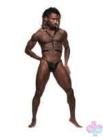 Black leather double-ring torso harness with bat-wing back detail and metal buckles by Male Power