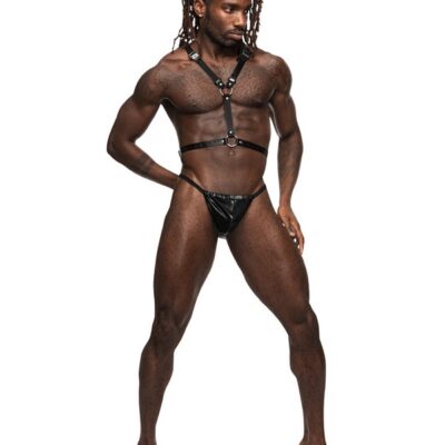 Black leather double-ring torso harness with bat-wing back detail and metal buckles by Male Power