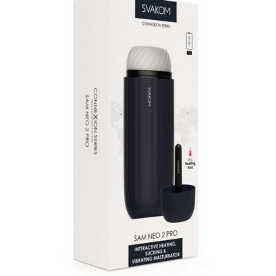 Dark blue app-controlled automatic masturbator with warming and suction by Svakom