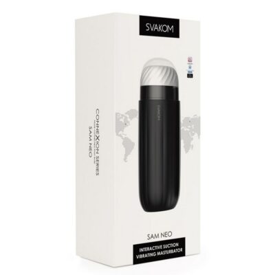 Svakom Sam Neo app-controlled black silicone vibrating masturbator with suction technology by Svakom