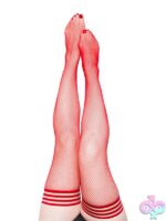 Red fishnet thigh-high stockings plus size with no-slip grip band by Kixies