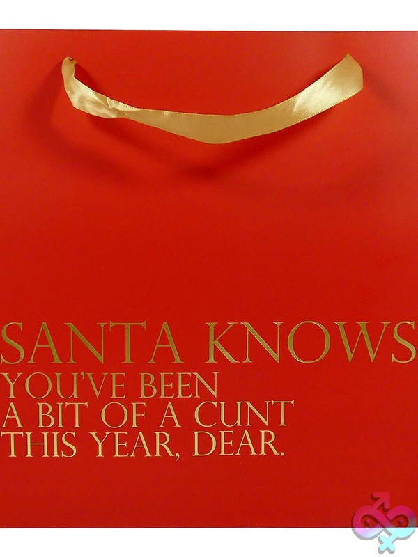 Discreet-Toys-Santa-Knows-You-Ve-Been-A-Cunt-Jumbo-Bag-Nu-Kgbl2001 Oversized Gold Jumbo Holiday Gift Bag With Naughty Humor Design By Kheper Games