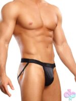 Male Power satin spandex jockstrap in black with plush elastic waistband and classic jock back