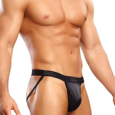 Male Power satin spandex jockstrap in black with plush elastic waistband and classic jock back