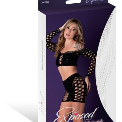 Black seamless rhinestone crop top and high-waist short set with diamond fishnet sleeves by Magic Silk