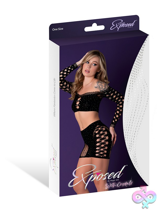 Discreet-Toys-Seamless-Crop-Top-Short-Set-Black-W-Rhinestones-One-Size-Nu-S176Blk1Sz Black Seamless Rhinestone Crop Top And High-Waist Short Set With Diamond Fishnet Sleeves By Magic Silk