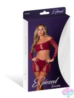 Seamless burgundy diamond fishnet crop top and high-waist short set with rhinestone detail by Magic Silk