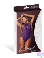 Seamless crotchless halter teddy in purple fishnet and lace by Magic Silk