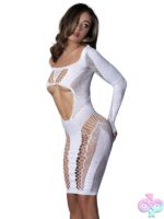 Seamless Long Sleeve Mini Dress with Rhinestones & Cutouts – White - Image 2
