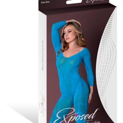 Seamless long-sleeve sheer mesh body stocking in neon turquoise by Magic Silk