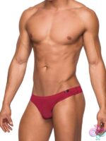 Seamless sleek wine microfiber thong with sheer pouch and cotton waistband by Male Power