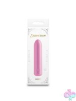 Seduction Roxy metallic mini bullet vibrator in pink and purple on a soft neutral background