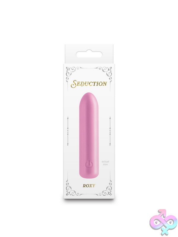 Discreet-Toys-Seduction-Roxy-Metallic-Pink-Nu-Nsn-0235-14 Seduction Roxy Metallic Mini Bullet Vibrator In Pink And Purple On A Soft Neutral Background